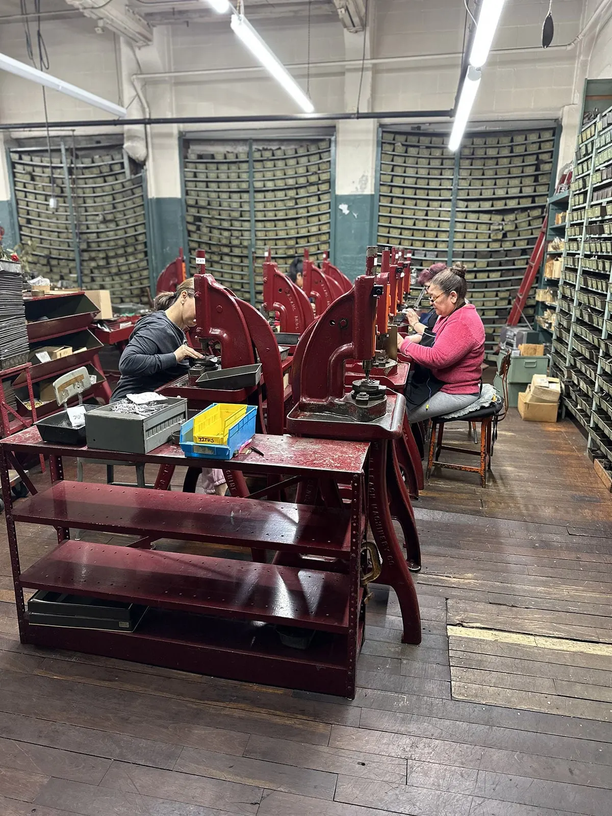 Assembly benches with team members at work
