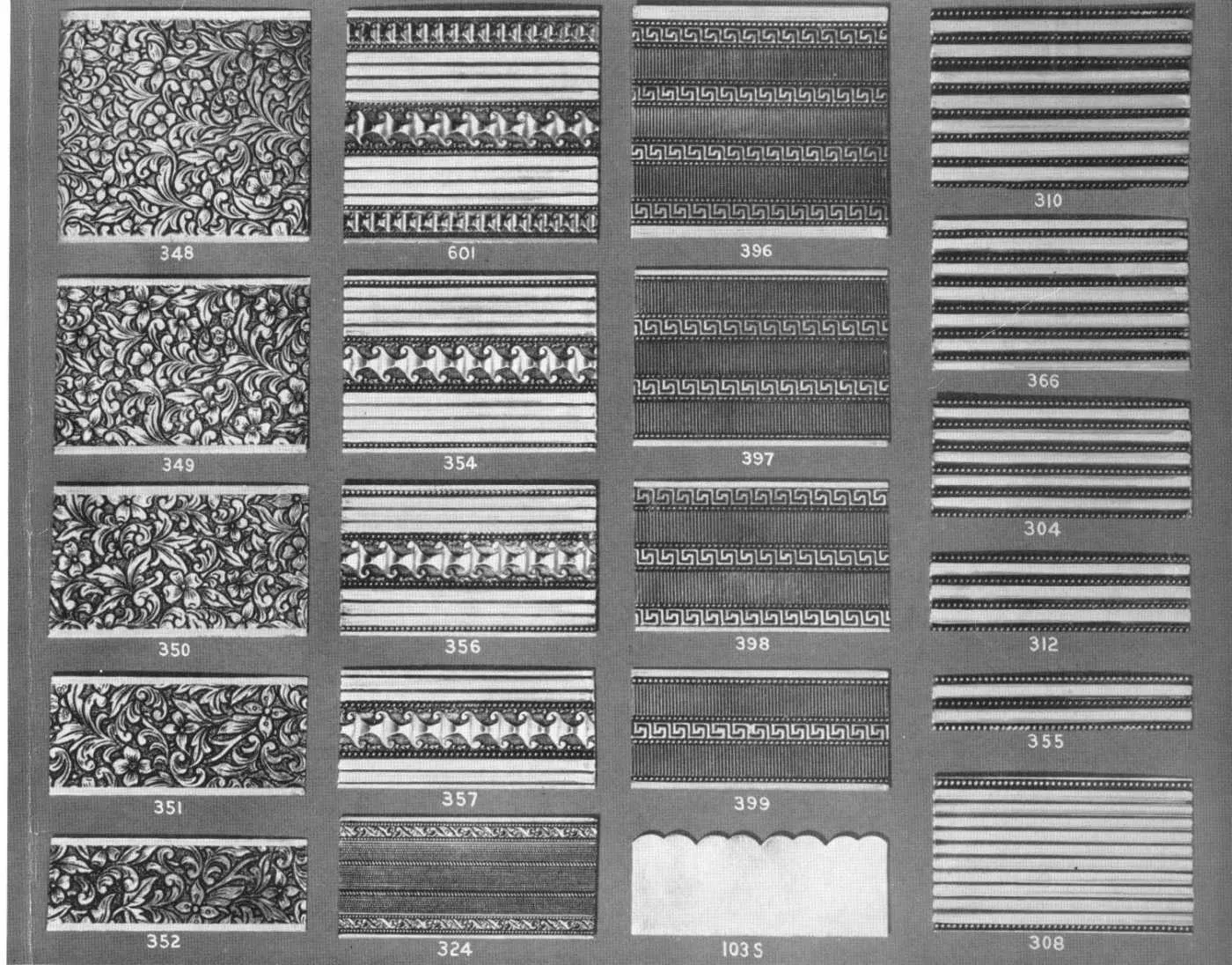 Catalog sheet of embossed banding patterns, including floral scrollwork, Greek key and ribbed borders, each with its part number