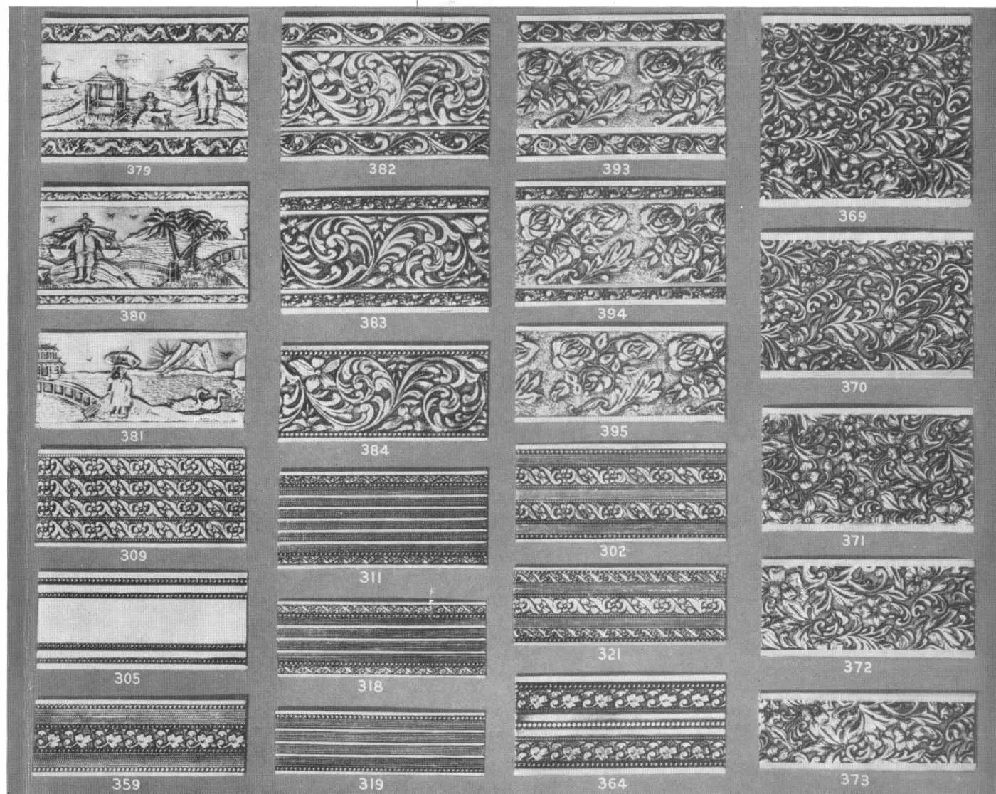 Catalog sheet of embossed banding patterns with scenic, scrolled, rose and floral designs, each with its part number