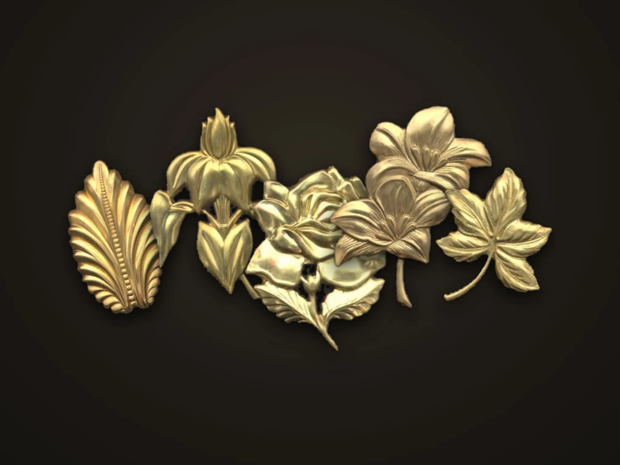 Six embossed brass floral stampings, a fan leaf, iris, rose, lilies and an ivy leaf, on a dark background