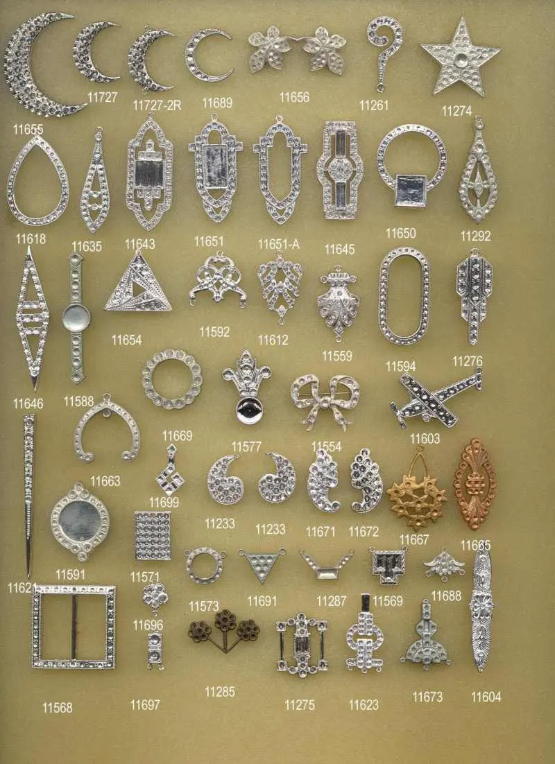 Catalog sheet of silver-tone findings with set stones: crescent moons, stars, drops, frames and buckles, each with its part number