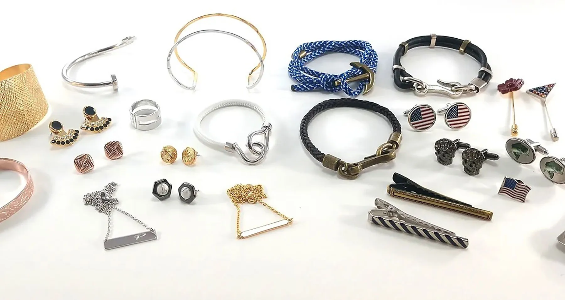 Finished pieces built from stamped components: cuffs, bangles, bracelets, cufflinks, tie bars and flag pins